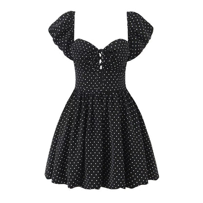 French Flying Sleeve Polka Dot Dress Women Retro Sexy off Shoulder Tube Top Lace up Waist A line Skirt by Ragazza