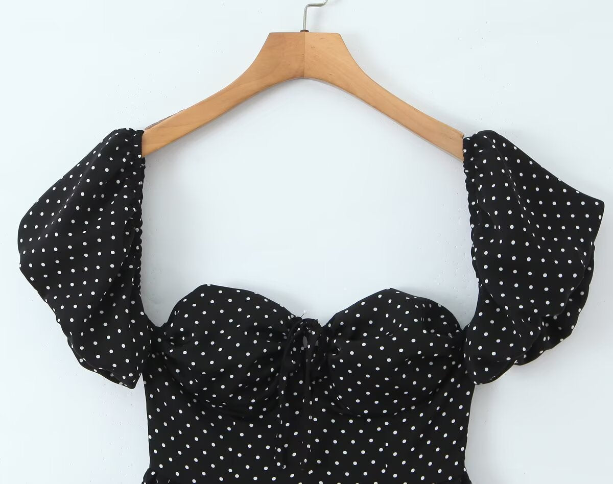 French Flying Sleeve Polka Dot Dress Women Retro Sexy off Shoulder Tube Top Lace up Waist A line Skirt by Ragazza