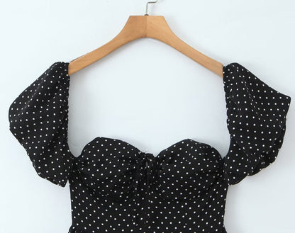 French Flying Sleeve Polka Dot Dress Women Retro Sexy off Shoulder Tube Top Lace up Waist A line Skirt by Ragazza