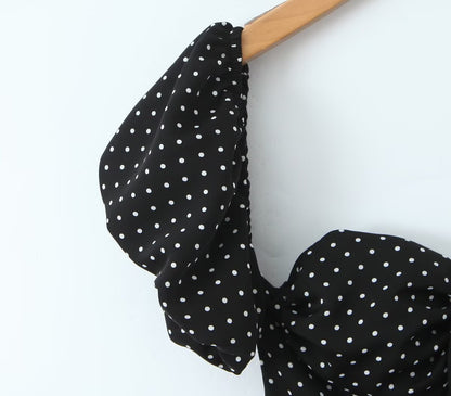 French Flying Sleeve Polka Dot Dress Women Retro Sexy off Shoulder Tube Top Lace up Waist A line Skirt by Ragazza