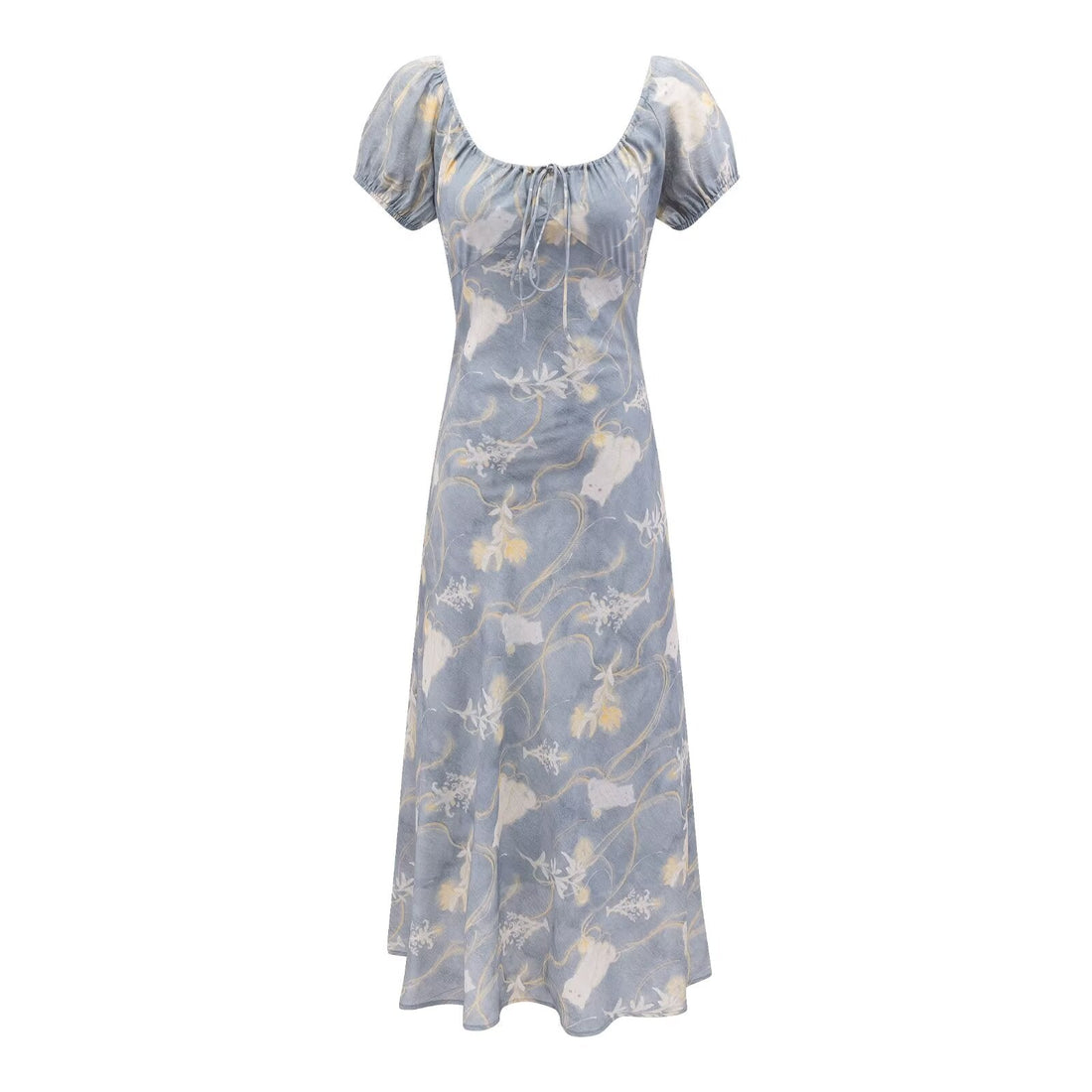Early Spring Holiday Casual Cool Square Collar Puff Sleeve Printed Waist Controlled Dress by Ragazza