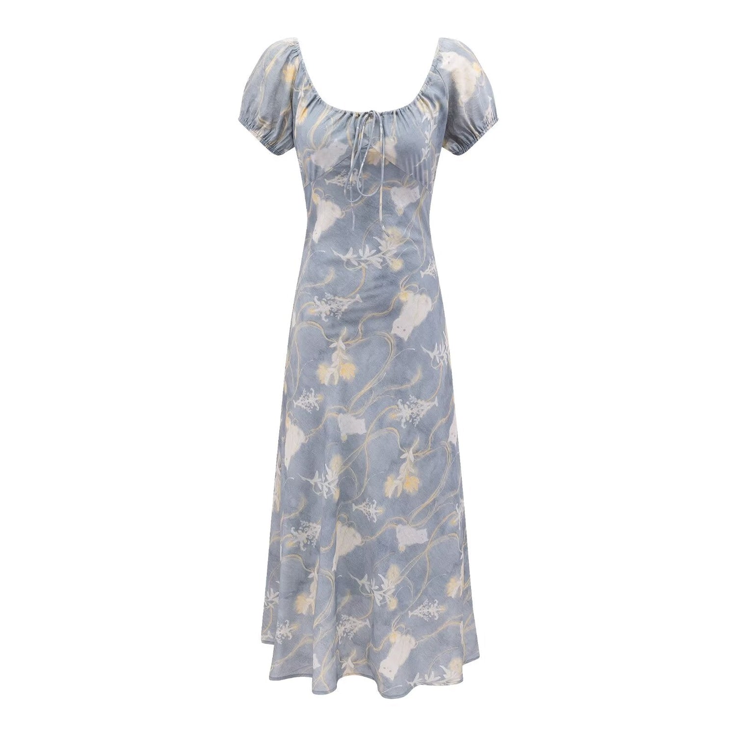 Early Spring Holiday Casual Cool Square Collar Puff Sleeve Printed Waist Controlled Dress by Ragazza