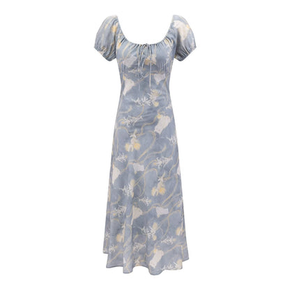 Early Spring Holiday Casual Cool Square Collar Puff Sleeve Printed Waist Controlled Dress by Ragazza