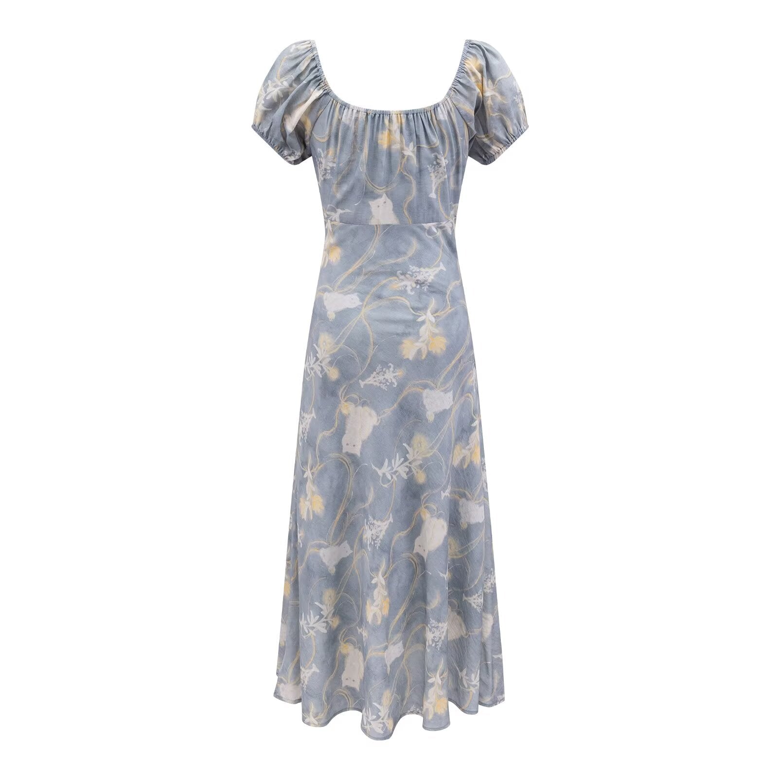 Early Spring Holiday Casual Cool Square Collar Puff Sleeve Printed Waist Controlled Dress by Ragazza
