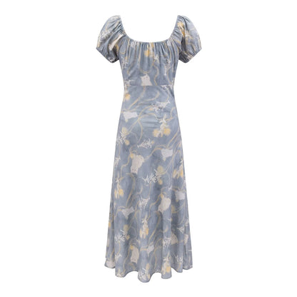 Early Spring Holiday Casual Cool Square Collar Puff Sleeve Printed Waist Controlled Dress by Ragazza