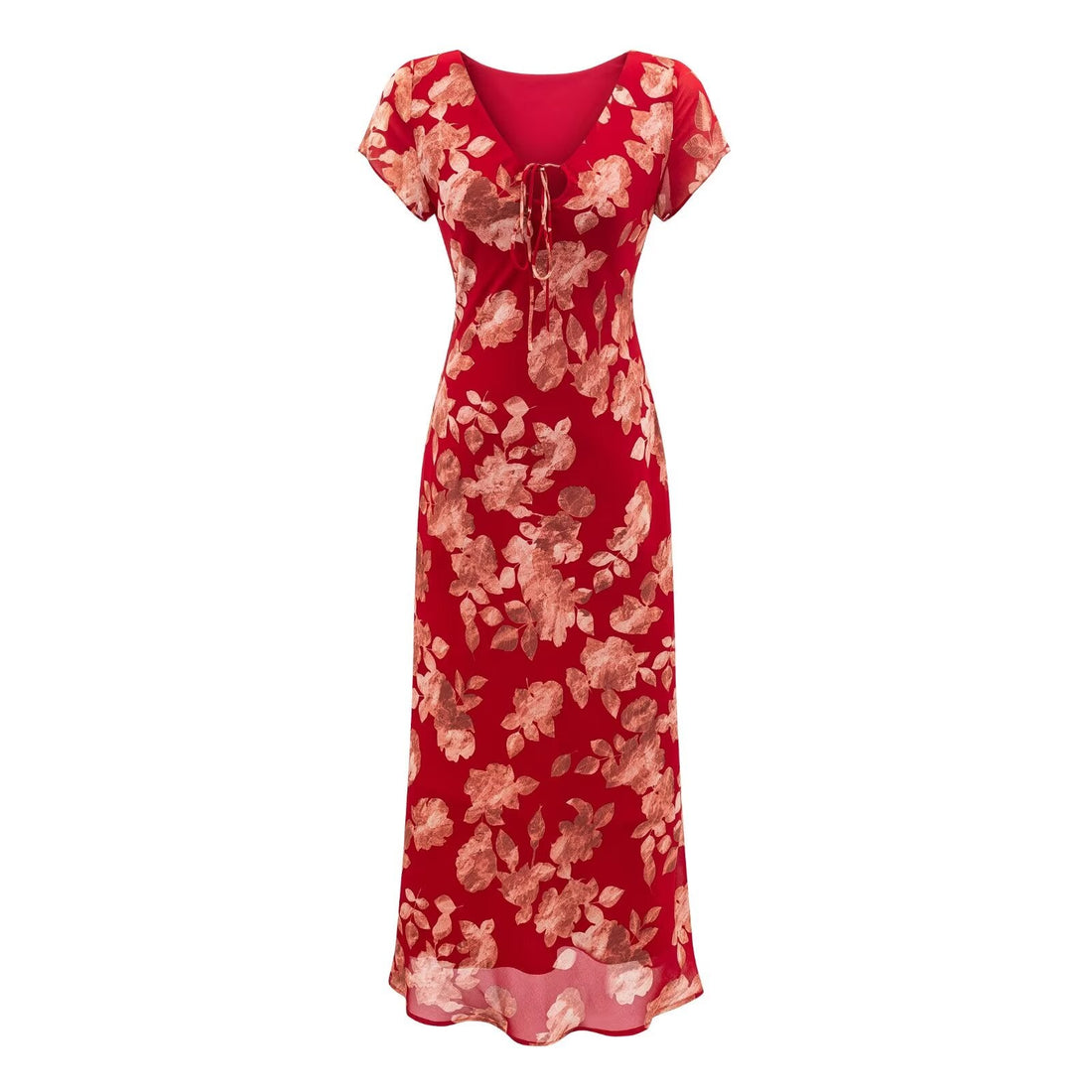 Early Spring Red Bottom Printed Drawstring V neck Short Sleeve Holiday Casual Dress by Ragazza