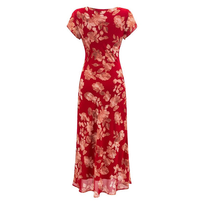 Early Spring Red Bottom Printed Drawstring V neck Short Sleeve Holiday Casual Dress by Ragazza