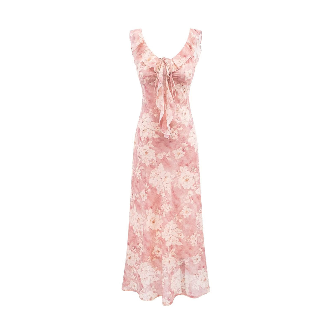 Vintage Ruffled Drawstring Patchwork Slip Dress Pink Rose Sheath Fishtail Midi Dress by Ragazza