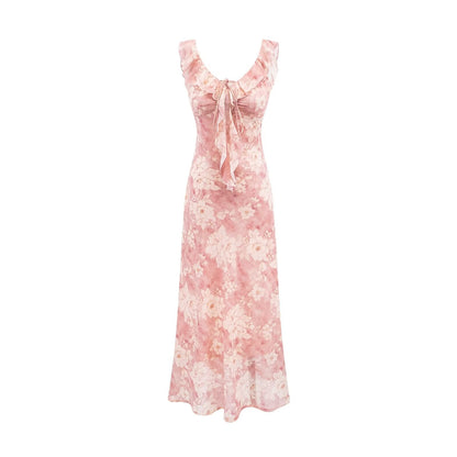 Vintage Ruffled Drawstring Patchwork Slip Dress Pink Rose Sheath Fishtail Midi Dress by Ragazza