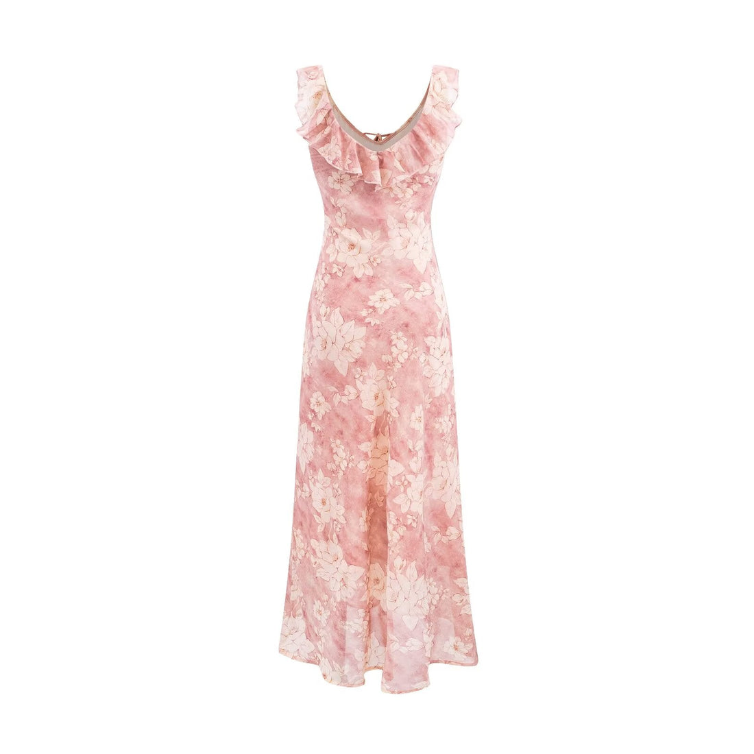 Vintage Ruffled Drawstring Patchwork Slip Dress Pink Rose Sheath Fishtail Midi Dress by Ragazza