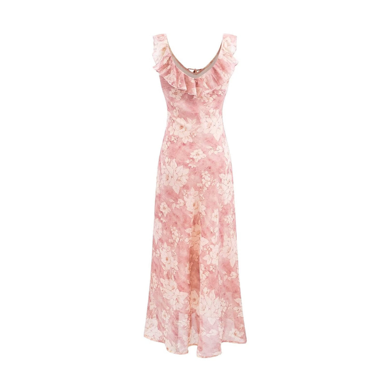 Vintage Ruffled Drawstring Patchwork Slip Dress Pink Rose Sheath Fishtail Midi Dress by Ragazza