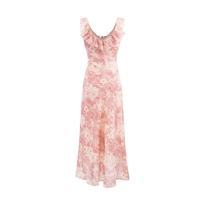 Vintage Ruffled Drawstring Patchwork Slip Dress Pink Rose Sheath Fishtail Midi Dress by Ragazza