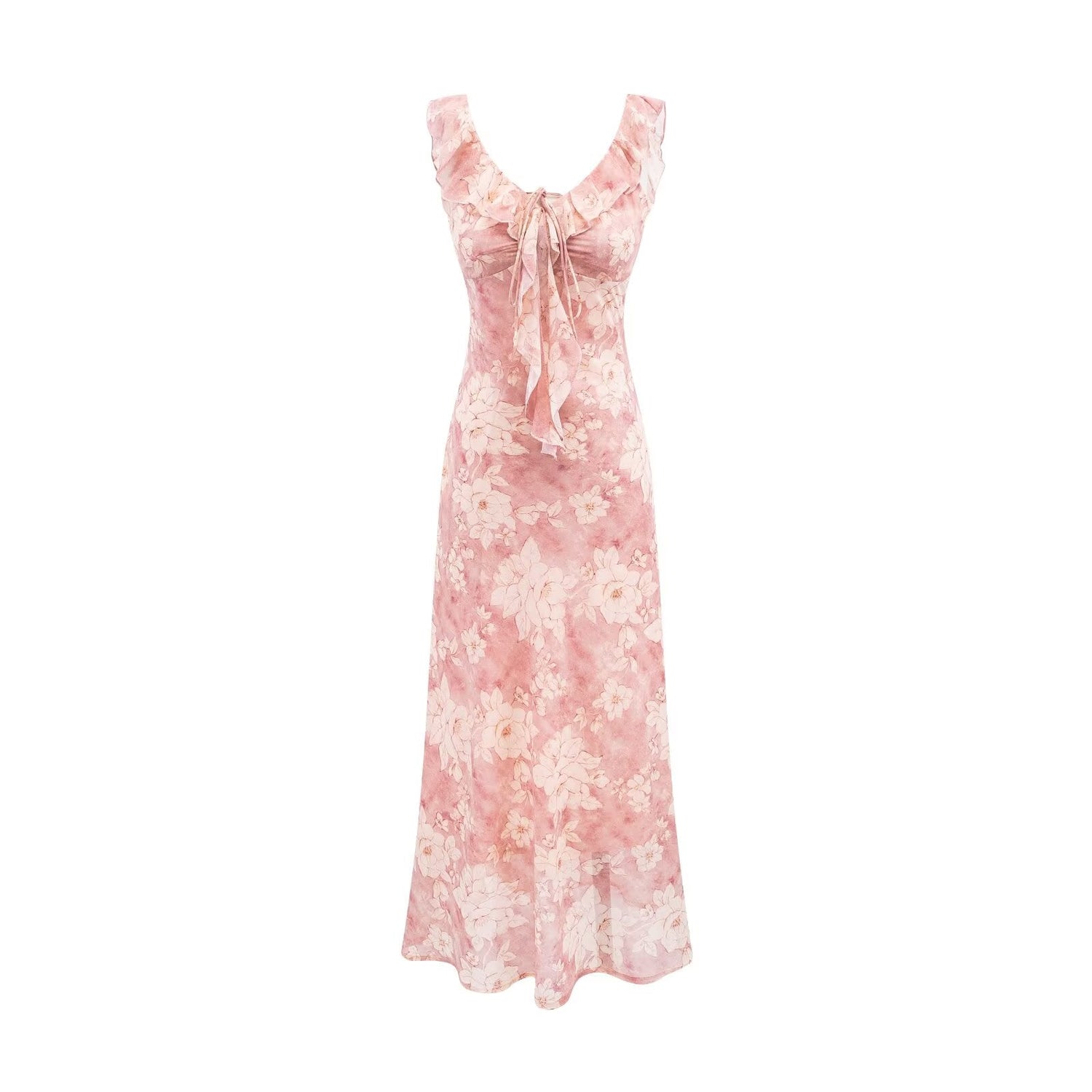 Vintage Ruffled Drawstring Patchwork Slip Dress Pink Rose Sheath Fishtail Midi Dress by Ragazza