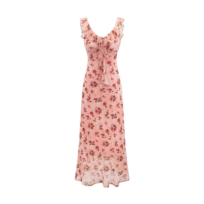 Vintage Ruffled Drawstring Patchwork Slip Dress Pink Rose Sheath Fishtail Midi Dress by Ragazza
