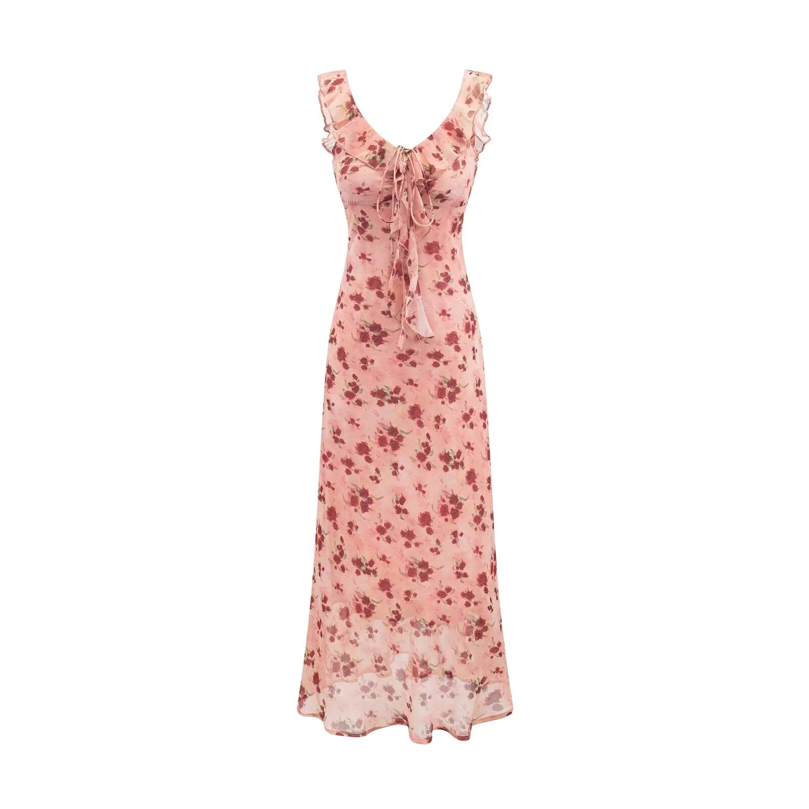 Vintage Ruffled Drawstring Patchwork Slip Dress Pink Rose Sheath Fishtail Midi Dress by Ragazza