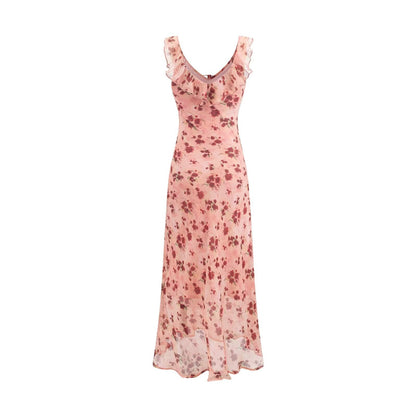 Vintage Ruffled Drawstring Patchwork Slip Dress Pink Rose Sheath Fishtail Midi Dress by Ragazza
