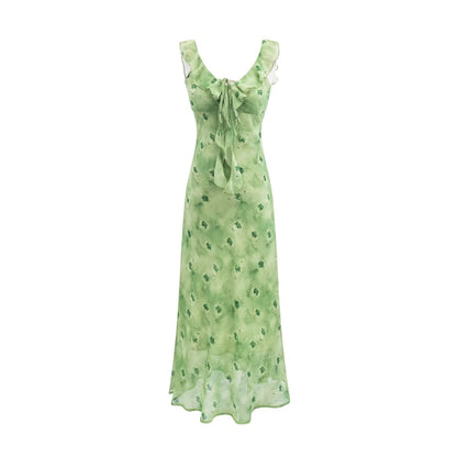 Vintage Ruffled Drawstring Patchwork Slip Dress Pink Rose Sheath Fishtail Midi Dress by Ragazza