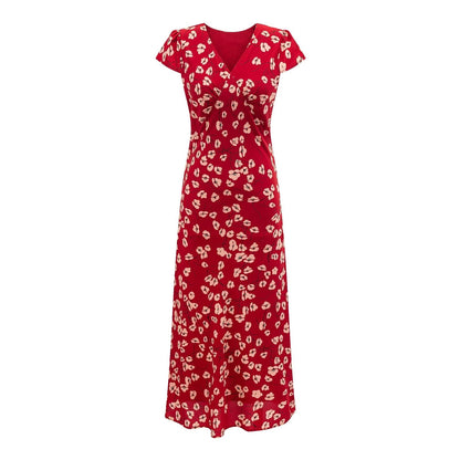 Vacation V neck Short Sleeved Red Dress Summer Waist Controlled Lace up Slim Elegant Floral Dress by Ragazza