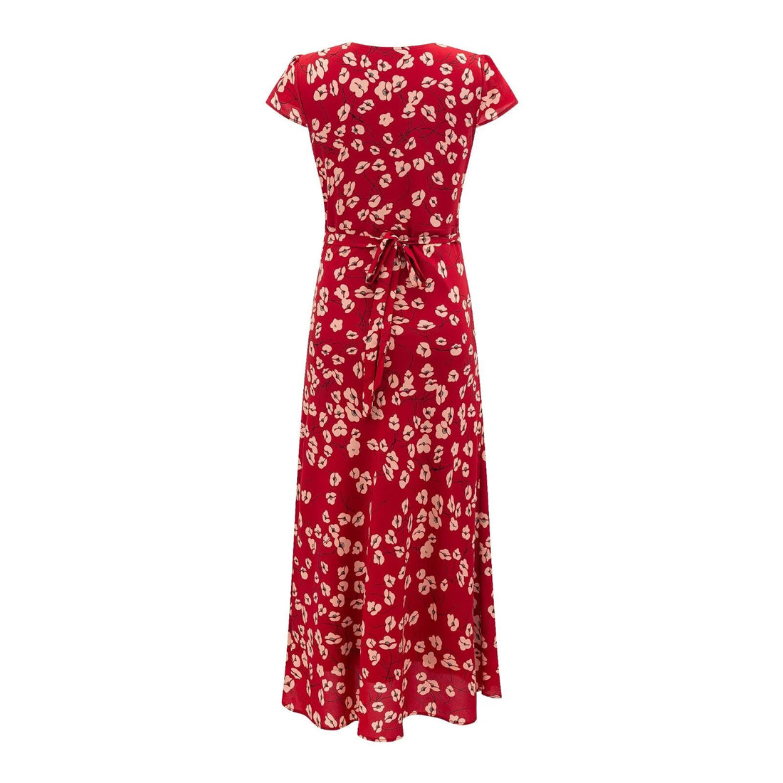 Vacation V neck Short Sleeved Red Dress Summer Waist Controlled Lace up Slim Elegant Floral Dress by Ragazza