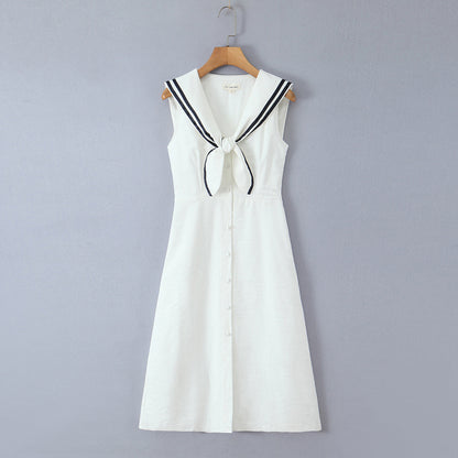 Elegant Sailor Collar Sailor Collar Single Breasted White Long Dress by Ragazza