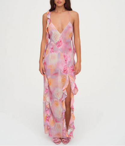 Women Clothing Spring Vacation Romantic Ruffled Irregular Asymmetric Backless Mop Dress by Ragazza