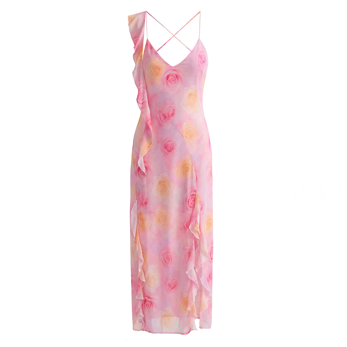 Women Clothing Spring Vacation Romantic Ruffled Irregular Asymmetric Backless Mop Dress by Ragazza
