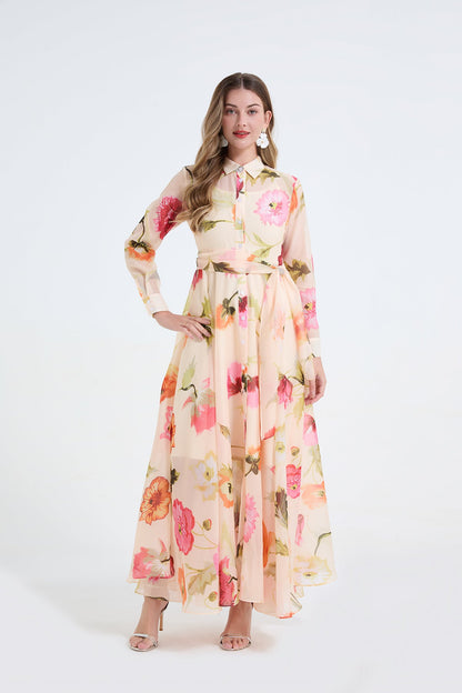Women Printed Shirt Long Sleeved High Waisted Dress by Ragazza