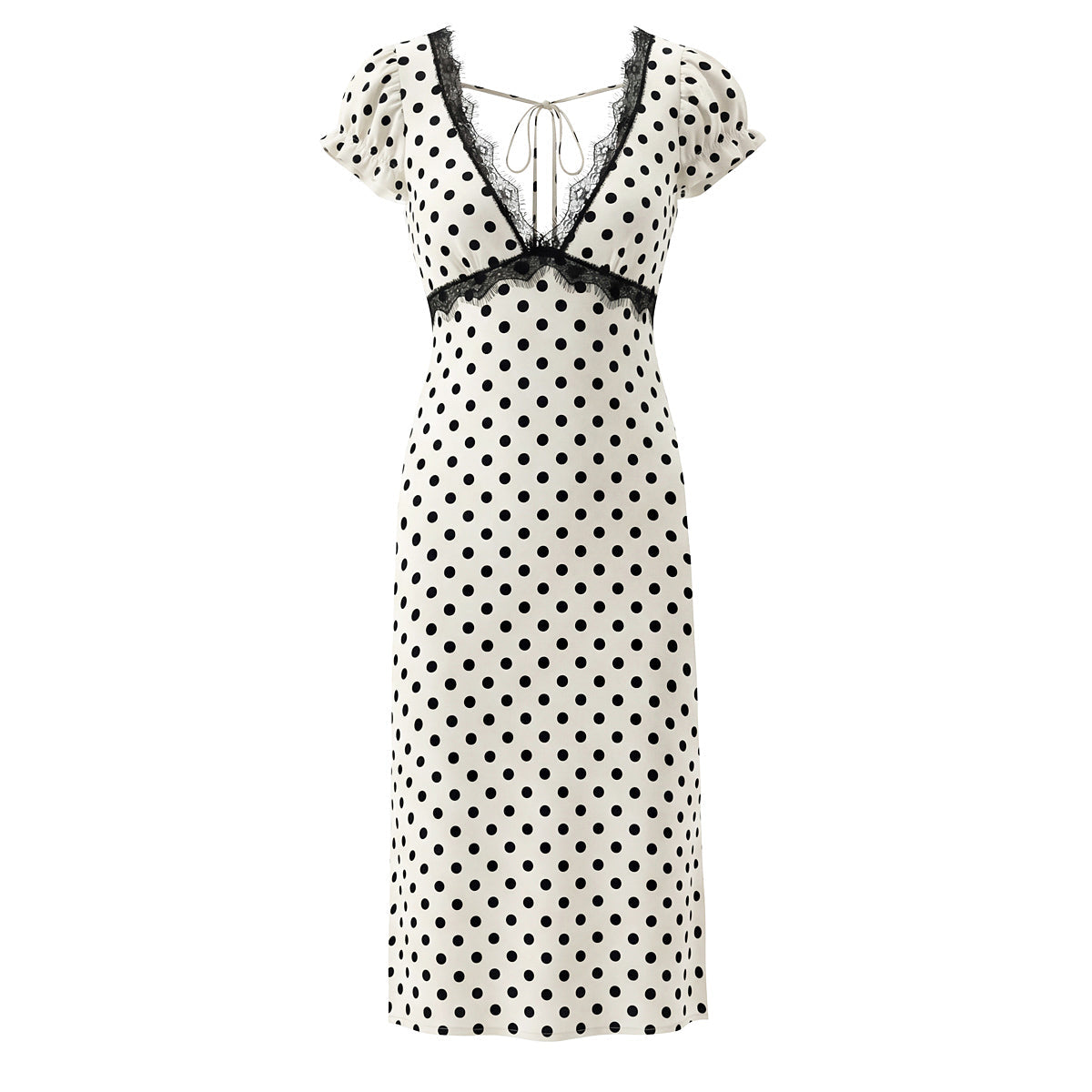 Sexy Lace Deep V Plunge neck Puff Sleeve Polka Dot Dress Tight Waist Slim Fit Sexy Midi Dress for Women by Ragazza