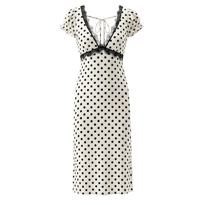 Sexy Lace Deep V Plunge neck Puff Sleeve Polka Dot Dress Tight Waist Slim Fit Sexy Midi Dress for Women by Ragazza