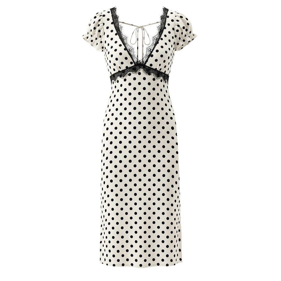 Sexy Lace Deep V Plunge neck Puff Sleeve Polka Dot Dress Tight Waist Slim Fit Sexy Midi Dress for Women by Ragazza