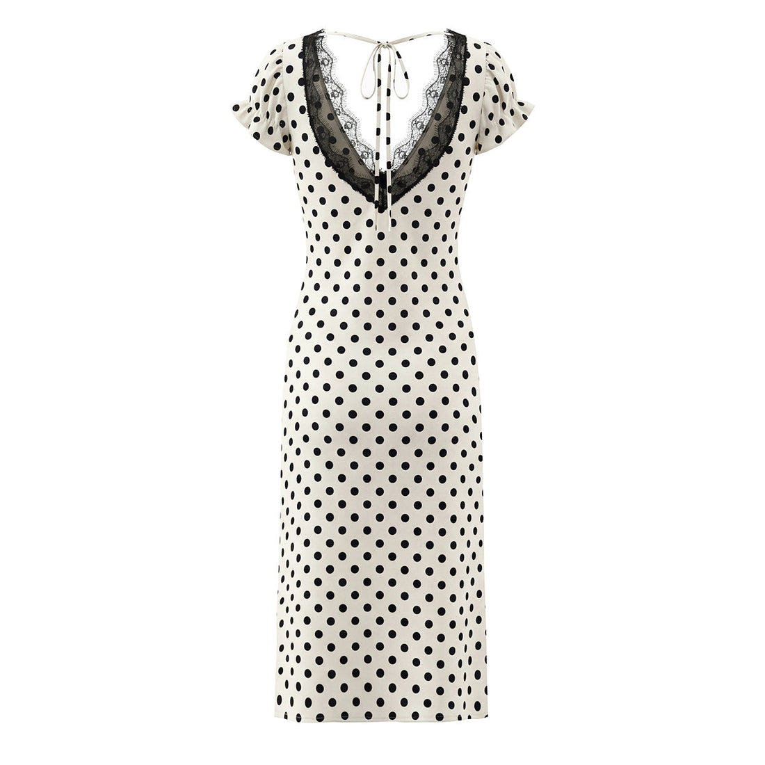 Sexy Lace Deep V Plunge neck Puff Sleeve Polka Dot Dress Tight Waist Slim Fit Sexy Midi Dress for Women by Ragazza