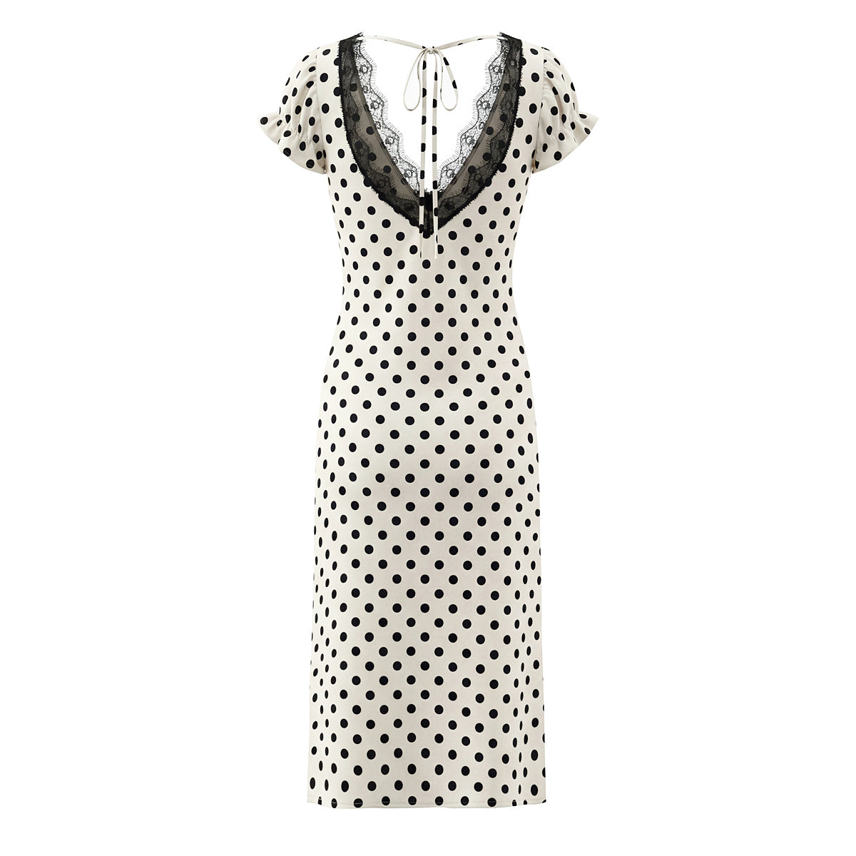Sexy Lace Deep V Plunge neck Puff Sleeve Polka Dot Dress Tight Waist Slim Fit Sexy Midi Dress for Women by Ragazza
