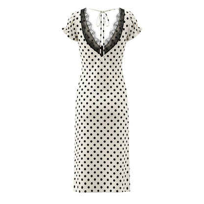 Sexy Lace Deep V Plunge neck Puff Sleeve Polka Dot Dress Tight Waist Slim Fit Sexy Midi Dress for Women by Ragazza