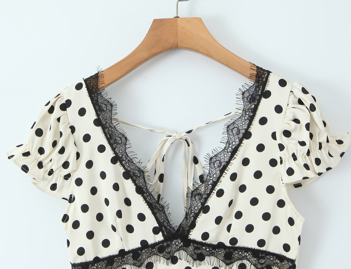 Sexy Lace Deep V Plunge neck Puff Sleeve Polka Dot Dress Tight Waist Slim Fit Sexy Midi Dress for Women by Ragazza