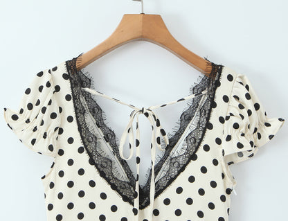 Sexy Lace Deep V Plunge neck Puff Sleeve Polka Dot Dress Tight Waist Slim Fit Sexy Midi Dress for Women by Ragazza