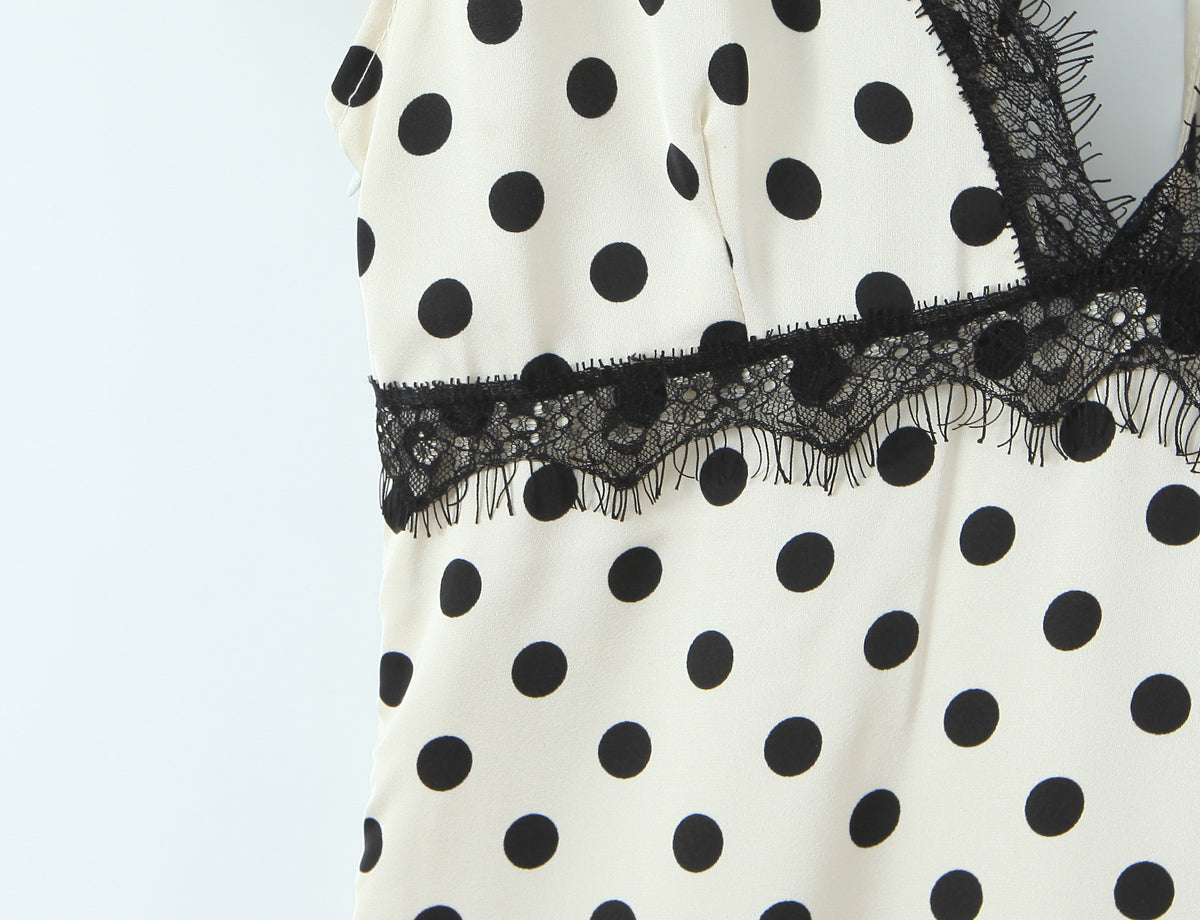 Sexy Lace Deep V Plunge neck Puff Sleeve Polka Dot Dress Tight Waist Slim Fit Sexy Midi Dress for Women by Ragazza