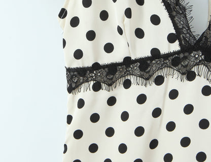 Sexy Lace Deep V Plunge neck Puff Sleeve Polka Dot Dress Tight Waist Slim Fit Sexy Midi Dress for Women by Ragazza