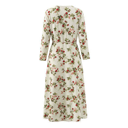 Women Clothing Idyllic Floral Tie Neck Waist Controlled Long Sleeves Stomach Blanket Dress by Ragazza
