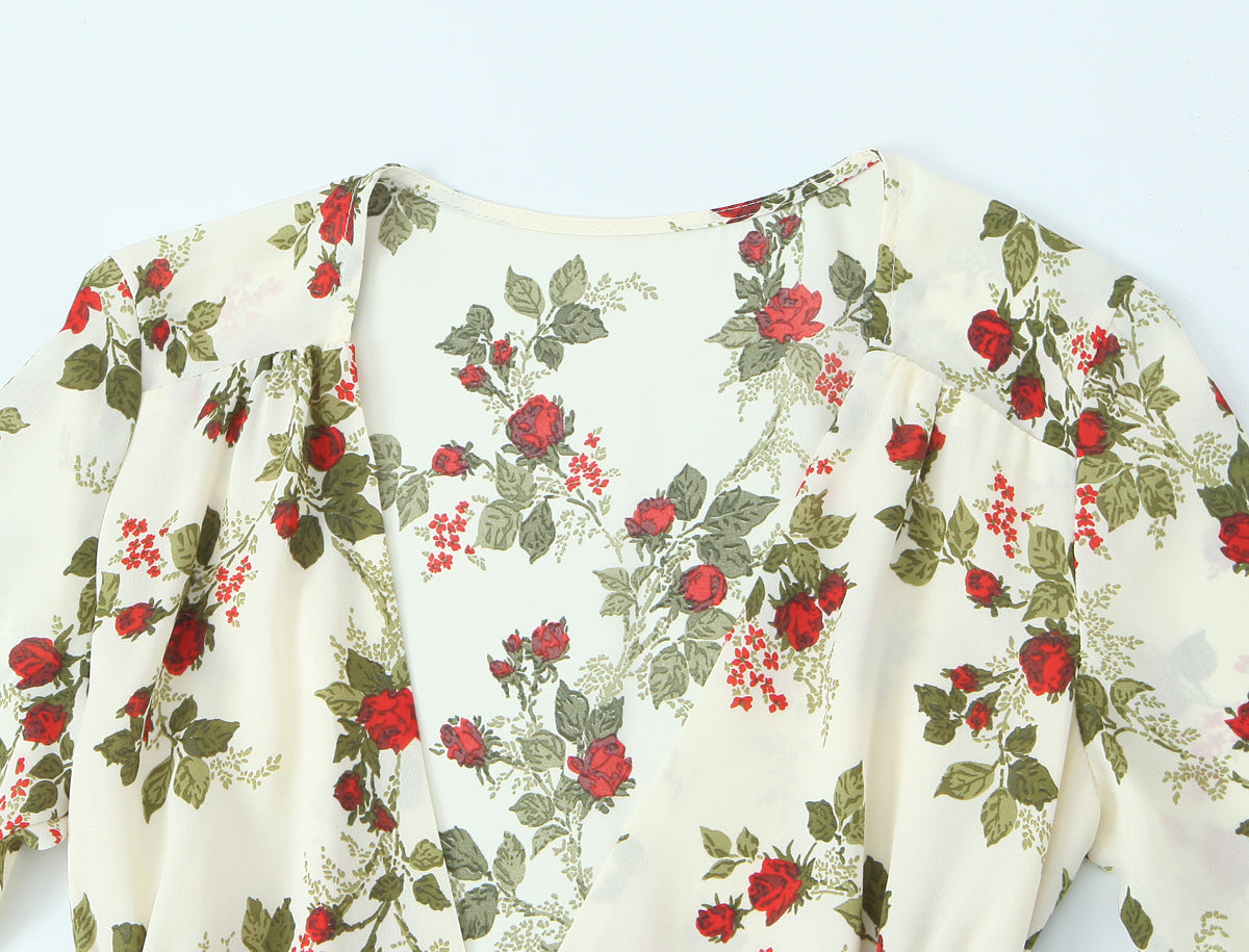 Women Clothing Idyllic Floral Tie Neck Waist Controlled Long Sleeves Stomach Blanket Dress by Ragazza