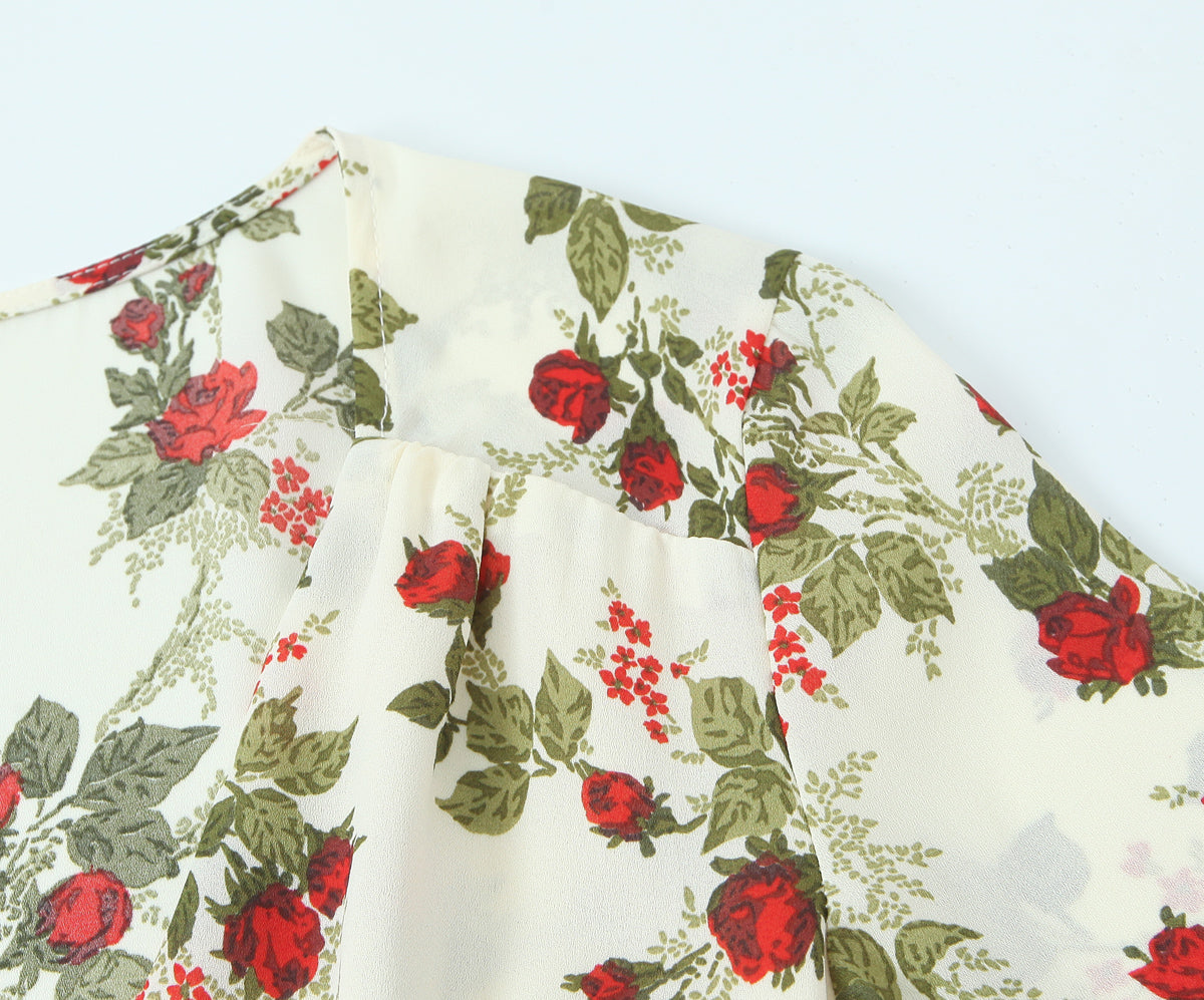 Women Clothing Idyllic Floral Tie Neck Waist Controlled Long Sleeves Stomach Blanket Dress by Ragazza