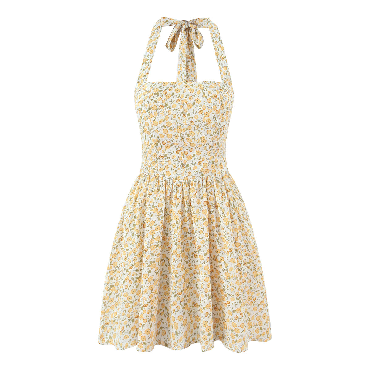 French Vintage Small Floral Printed Sexy Halter Dress Summer Waist Controlled Slim Fit Slimming Holiday Short Dress by Ragazza