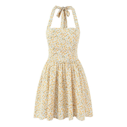 French Vintage Small Floral Printed Sexy Halter Dress Summer Waist Controlled Slim Fit Slimming Holiday Short Dress by Ragazza