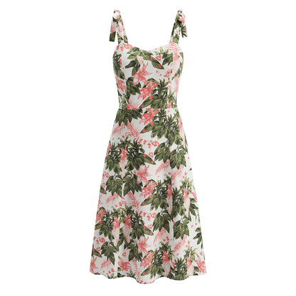 French Floral Printed Sexy Slim Fit Slimming Lace up Bow Suspenders Mid Length Dress by Ragazza