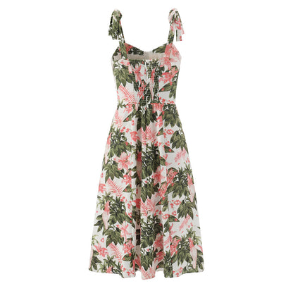 French Floral Printed Sexy Slim Fit Slimming Lace up Bow Suspenders Mid Length Dress by Ragazza