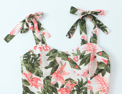 French Floral Printed Sexy Slim Fit Slimming Lace up Bow Suspenders Mid Length Dress by Ragazza