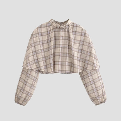 Women Clothing Spring Personalized Plaid Laminated Decoration Stand Collar Short Top by Ragazza