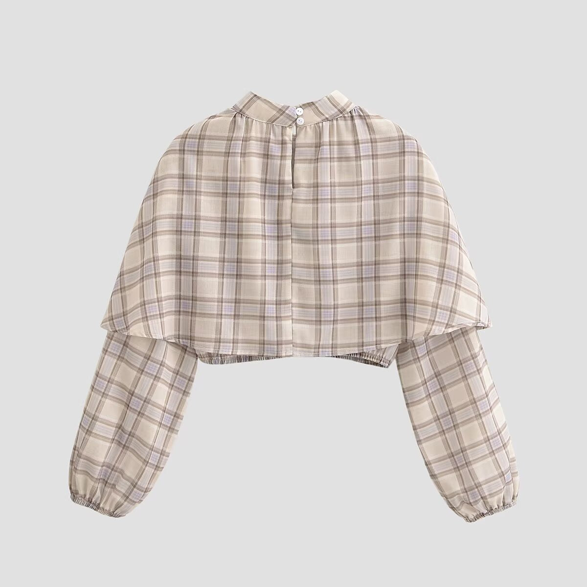 Women Clothing Spring Personalized Plaid Laminated Decoration Stand Collar Short Top by Ragazza