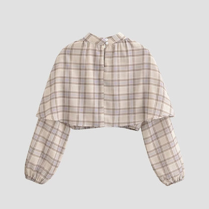 Women Clothing Spring Personalized Plaid Laminated Decoration Stand Collar Short Top by Ragazza