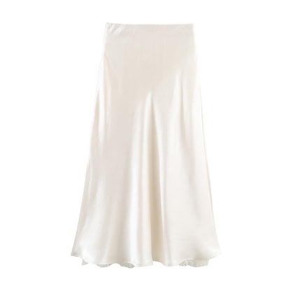 Satin Acetate Lace Patchwork Slit Skirt Long Skirt by Ragazza