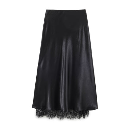 Satin Acetate Lace Patchwork Slit Skirt Long Skirt by Ragazza